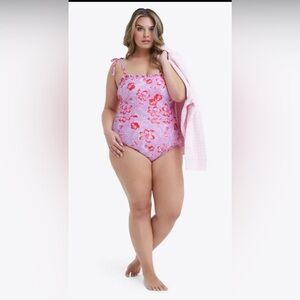 Draper James One Piece Swimsuit Bright Purple Pink Floral Frill Top Size 3X NEW